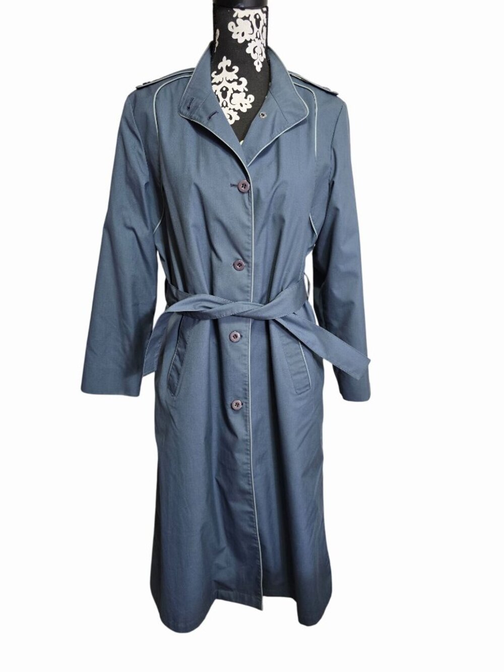 Vintage London Fog Womens Size 12 Blue Button-Up Trench Coat With Belt